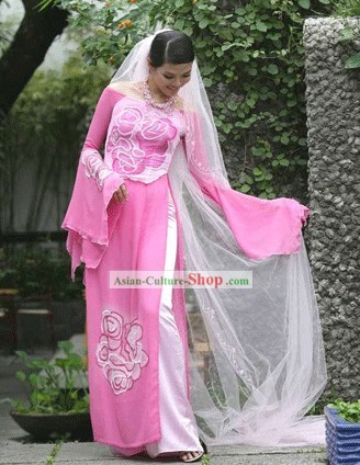 Vietnamita Nacional Pink Flower longo Cheongsam Costume