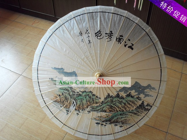 Tradicional chinesa Mão Pintura Praia Rain, e Umbrella Paisagem dom