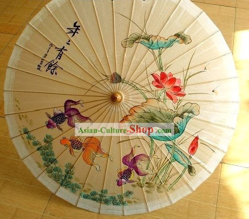 中国ハンドペイント金魚とロータスの傘