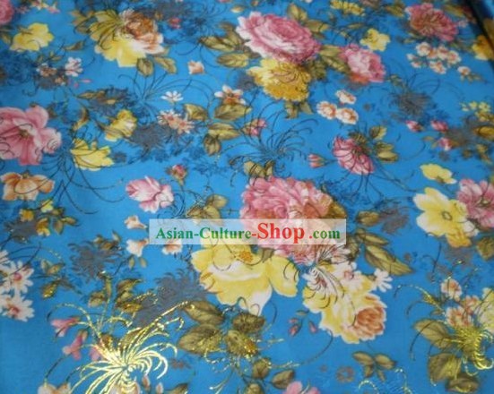Flor azul Brocade Fabric