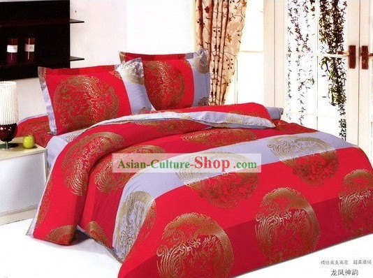 Vermelha Chinesa amd Branco Tradicional Wedding Dragão Bedding Set Phoenix