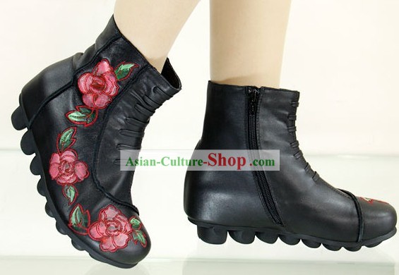 Chinese carneiro bordado Peony Botas