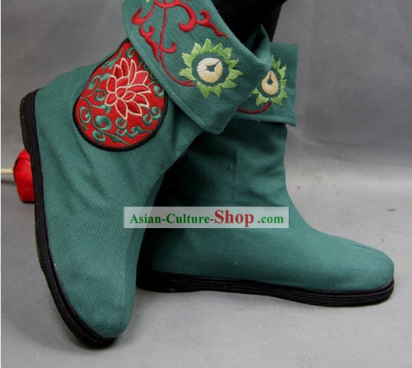 Chinese Verde Botas Pano bordada flor