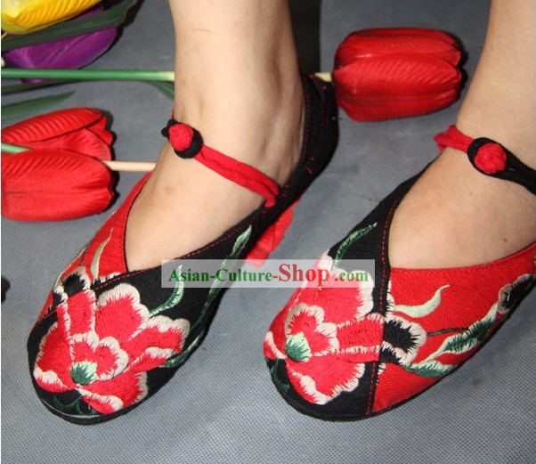 Chinese Classic Black Embroidered Peony Dance Shoes