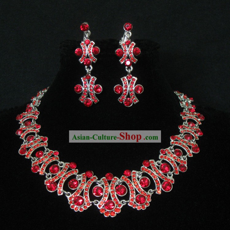 Chinois traditionnel collier de mariage chanceux Rouge et Jewelry Set Boucles