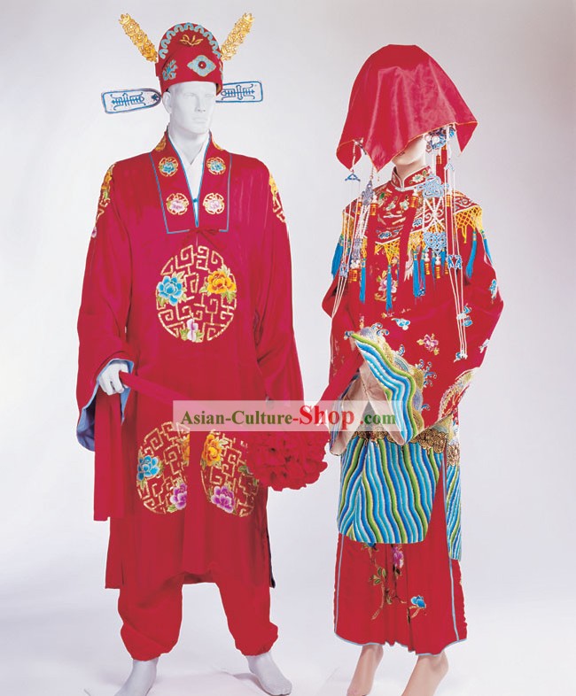 Chinese Ancient Wedding Hats and Costume 2 Sets