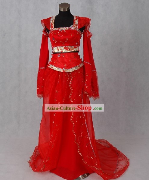 Chinese Lucky Red Long Wedding Dress Set for Women