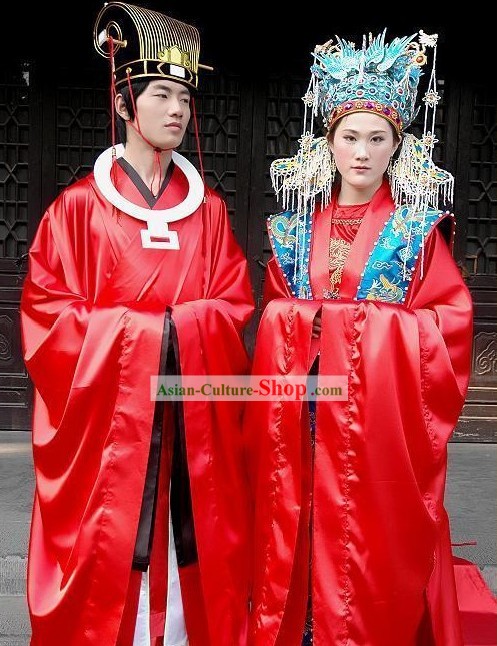 Supreme Chinese Ancient Wedding Outfit and Crown 2 Complete Sets