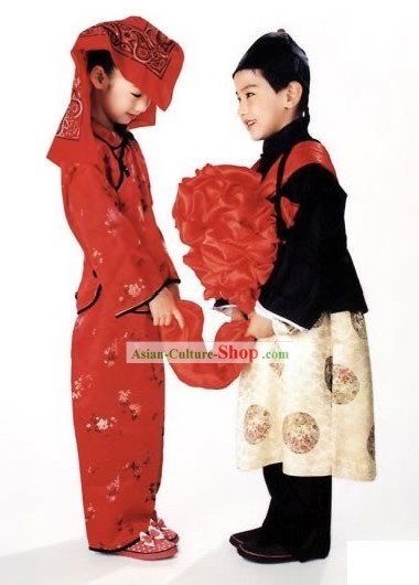 Chinese Traditional Wedding Costumes 2 Complete Sets for Children Stage Performance