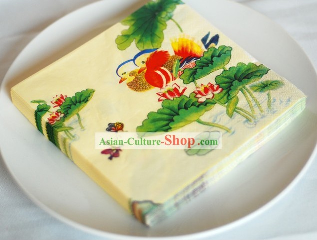 Traditional Chinese Style Three-ply Mandarin Ducks Wedding Napkin