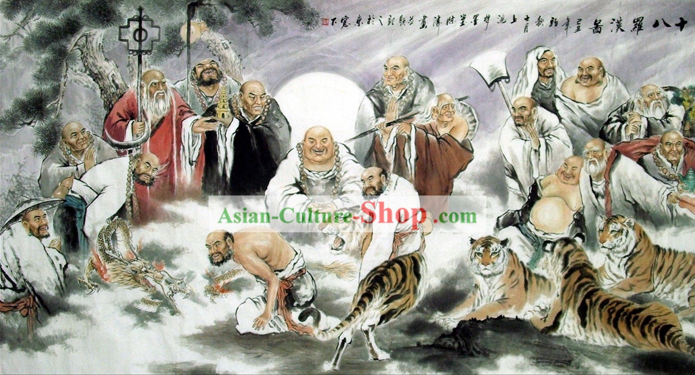 Pintura Tradicional Chinesa - Buddist Arhat e tigres