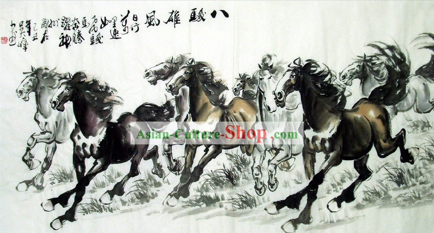 Chinese Galloping Horse Ink Paintings by Lin Mingqing