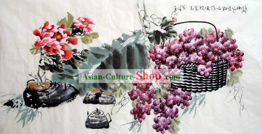 Pintura chinesa tradicional - Cesta de uva por Liang Wanqing