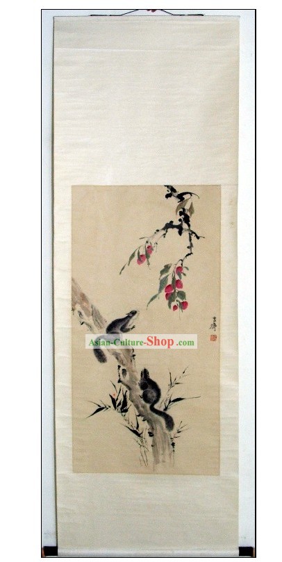 Pintura Tradicional Chinesa - Esquilo Duplo por Wang Xuetao