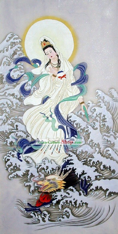 Pintura Tradicional Chinesa - Kwan-yin e Dragão por Qing Shaoping