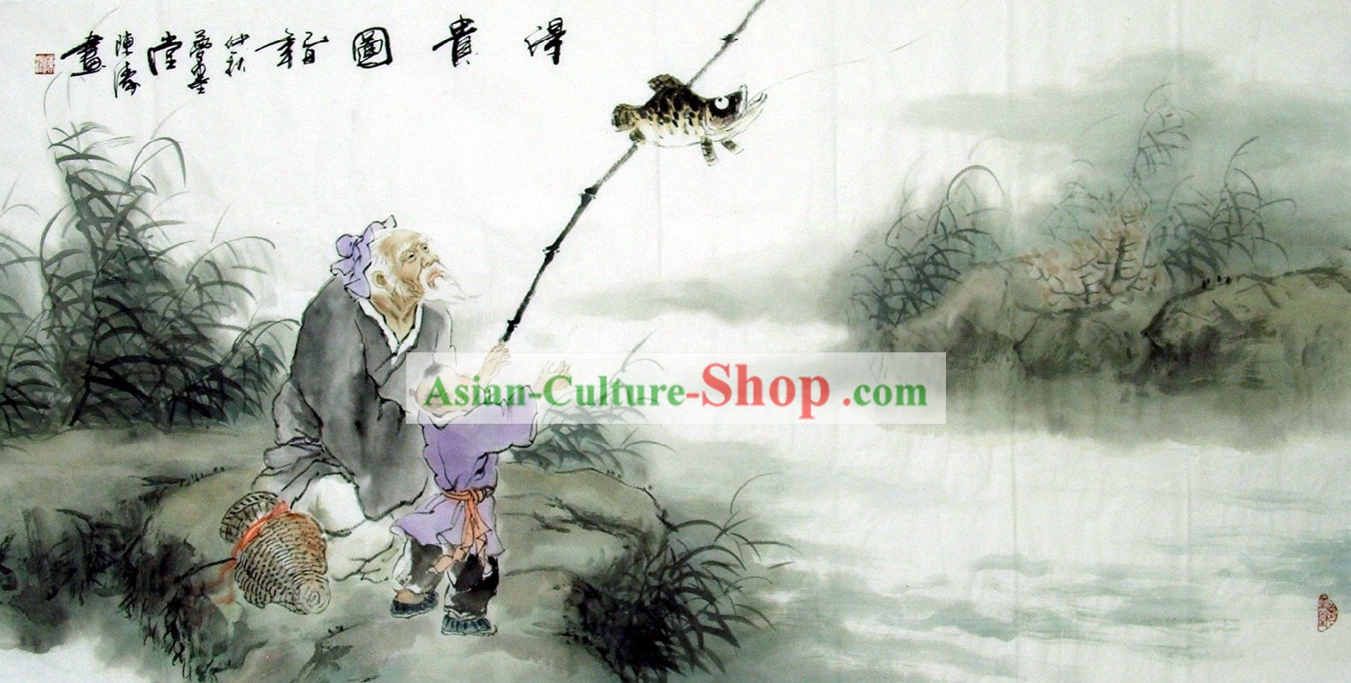 Traditional Chinese Painting - Grandfather Fishing by Chen Tao