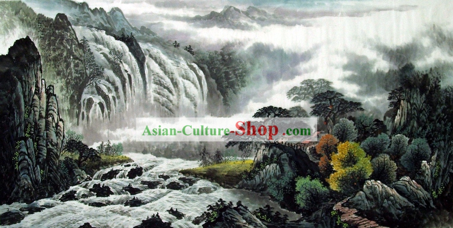Traditional Chinese Painting - China Waterfall Scene by Wu Pingsong