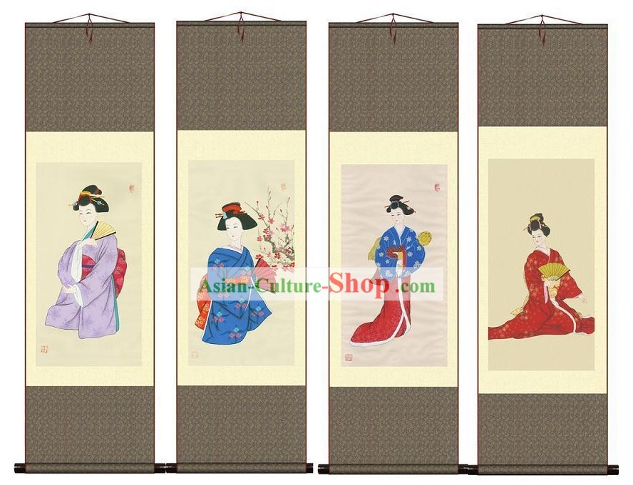 Peintures Chinoises Geisha soie 4 jeux