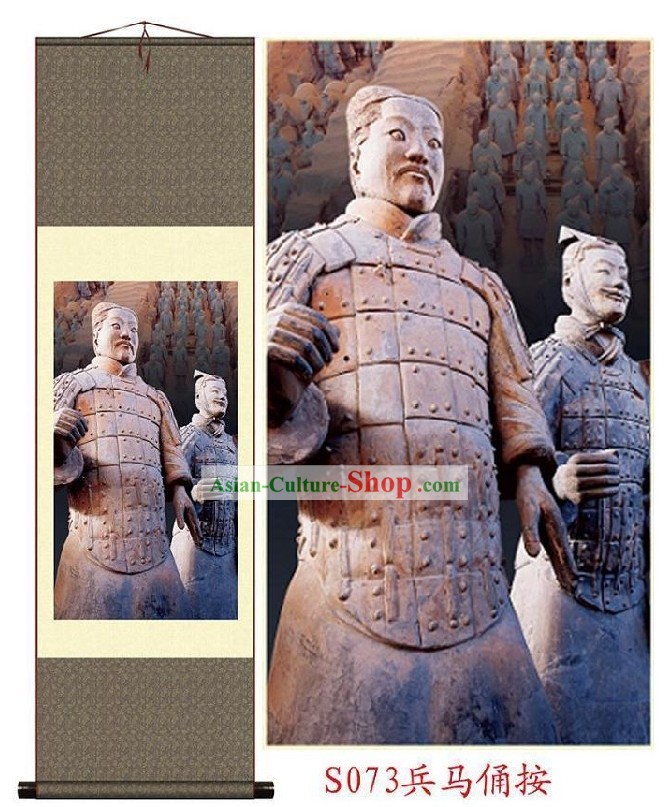 Chinese Silk Terra Cotta Pintura Guerreiro