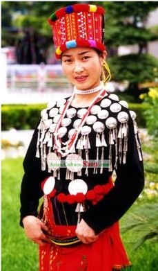 Jingpo Minority Traditional Dress and Hat Complete Set