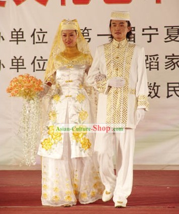 Chinese Hui Minority Wedding Dress 2 Sets for Bride and Bridegroom