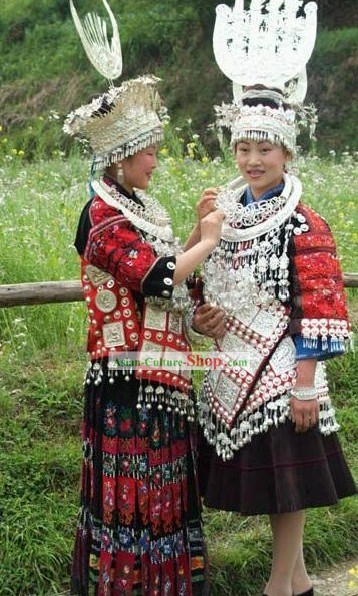 Chinese Minority Miao Traditional Dress and Miao Silver Head Gear and Miao Silver Necklace Set