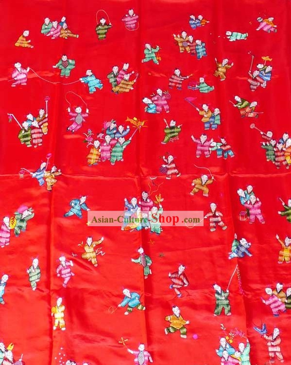 Chinese Hand Embroidered Silk Fabrics Bedcover - Hundreds of Children