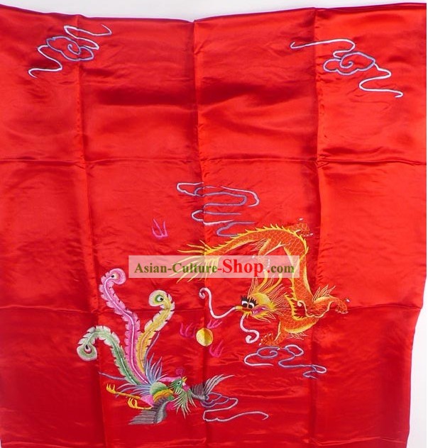 Chinês clássico Sorte Red Mão colcha de seda bordado - Dragão e Phoenix