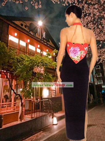 Mãos de seda bordado tradicional Cheongsam Peony Backless e Evening Wear