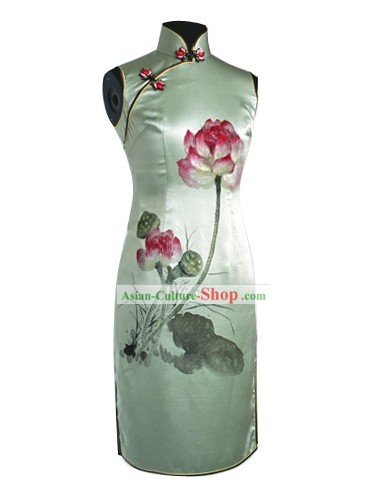 Mãos tradicionais Painted Silk Lotus Cheongsam