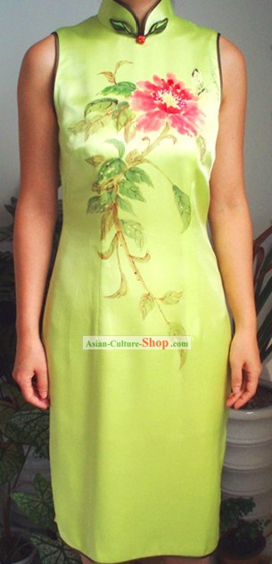 Traditional Mandarin Handmade and Painted Peony and Butterfly Silk Cheongsam