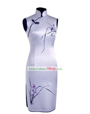 Handmade mandarim tradicional e Painted Silk Orchid Cheongsam