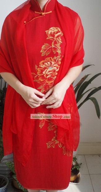 Traditional Mandarin Handmade and Painted Peony Silk Cheongsam