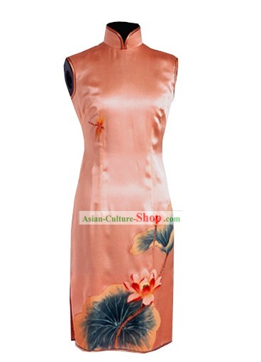 Traditional Mandarin Handmade and Painted Lotus and Dragonfly Silk Cheongsam