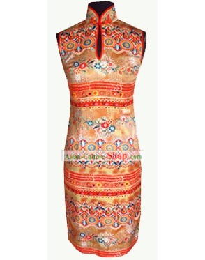 Traditional Mandarin Handmade Colorful Flowery Silk Cheongsam