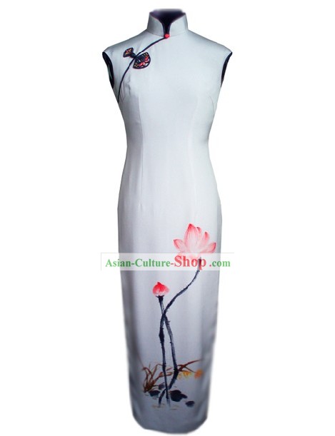 Traditional Handmade and Painted Summer Lotus Long Silk Cheongsam