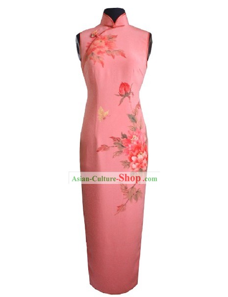 Traditional Handmade and Painted Large Peony Long Silk Cheongsam