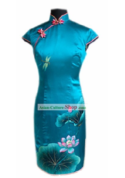 Traditional Handmade and Painted Dragonfly and Lotus Blue Silk Cheongsam