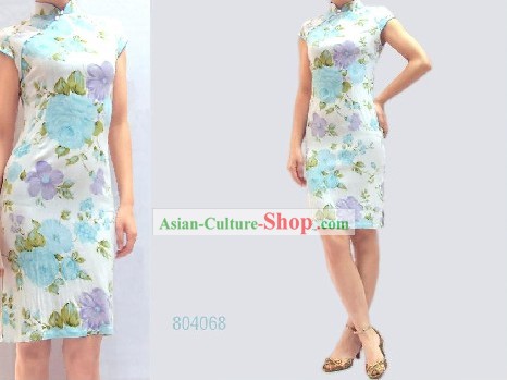 Chinese Classical White Floral Cotton Cheongsam (Qipao)