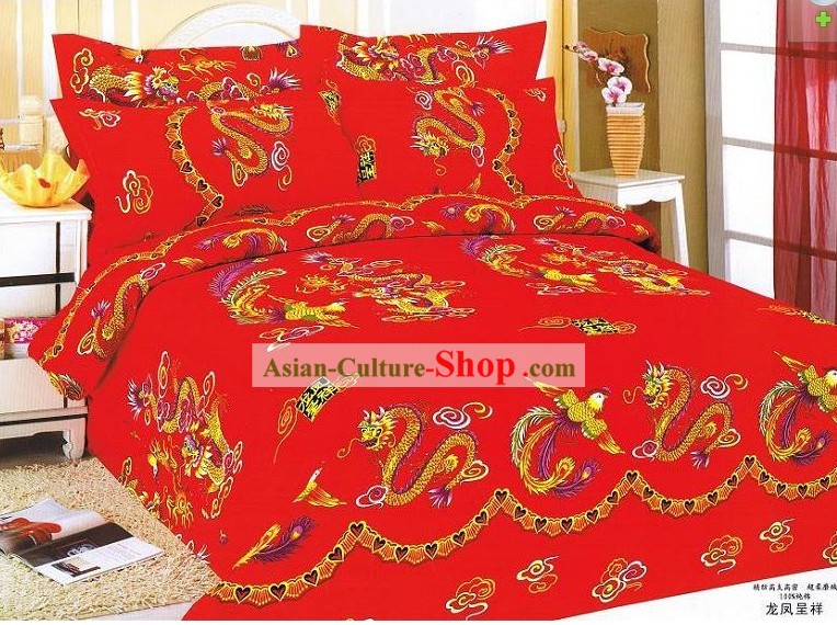 Chinese Stunning Cotton Wedding Set Folha de cama (quatro peças) - Dragons