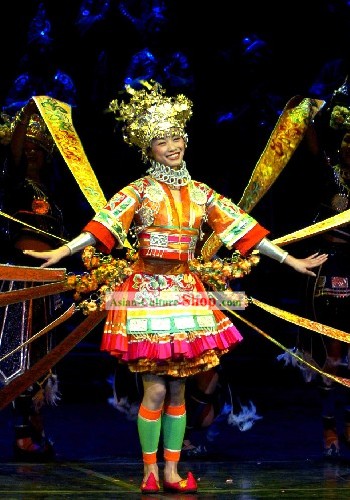 Chinese Traditional Minority Dance Costumes and Silver Crown Complete Set