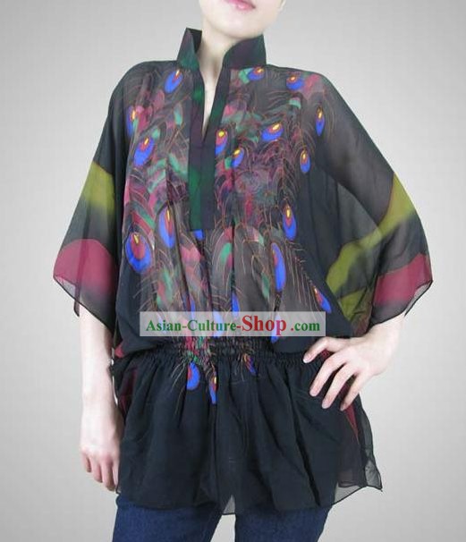 Classical Peacock Original Painting Silk Blouse