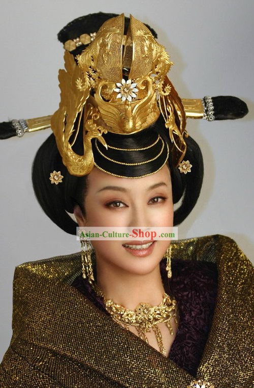 Chinese Ancient Wu Zetian Woman Emperor Hair Decoration and Wig Complete Set