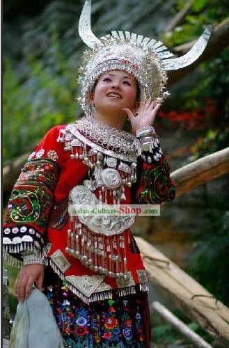 Miao Embroidery Traditional Clothes and Miao Silver Jewelry Complete Set