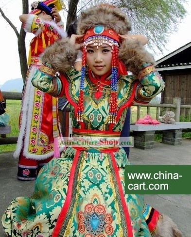 Chinese Traditional Mongolian Clothing and Hat Complete Set