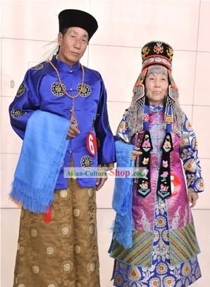 Chinese Mongolian Clothing and Mongolian Hat 2 Sets for Men and Women