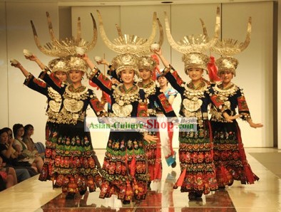 Chinese Traditional Miao Dance Costume and Miao Silver Jewlery Complete Set