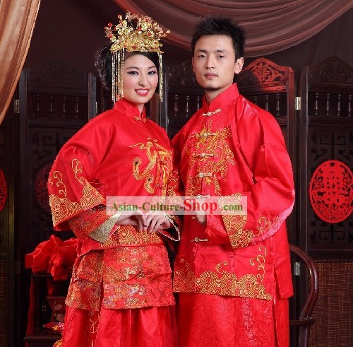 Traditional Handmade Lucky Red Long Wedding Dress for Bride and Bridegroom
