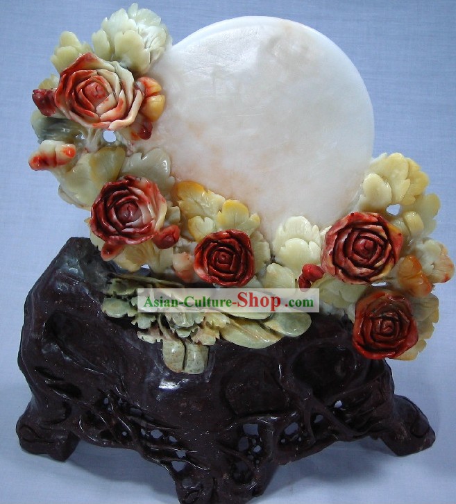 Natural Qingtian Jade Moon and Flower Sculpture