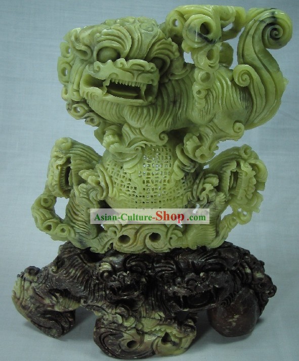 Chinese Classical Natural Qingtian Jade Lion King Sculpture